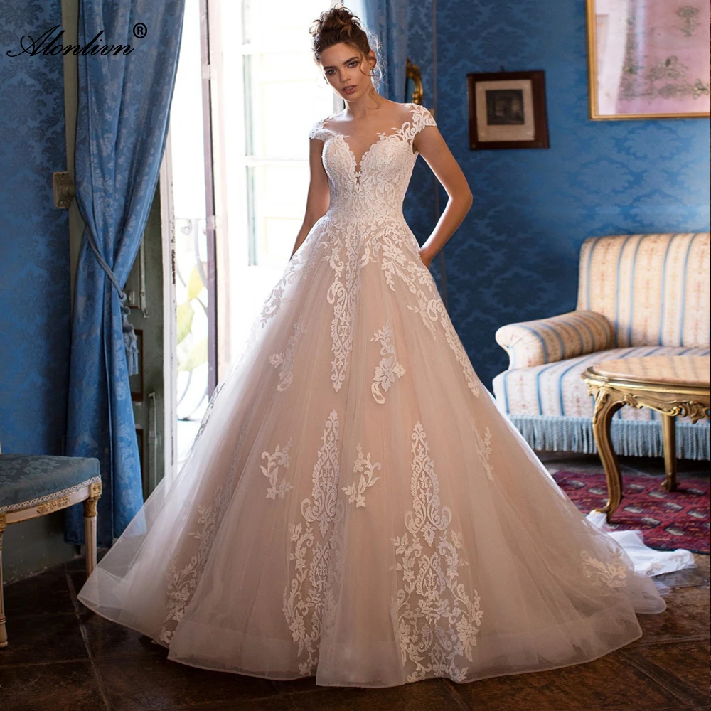 

Alonlivn Elegant V-neck A-Line Wedding Dresses Beading Appliques Custom Made Transparent Back