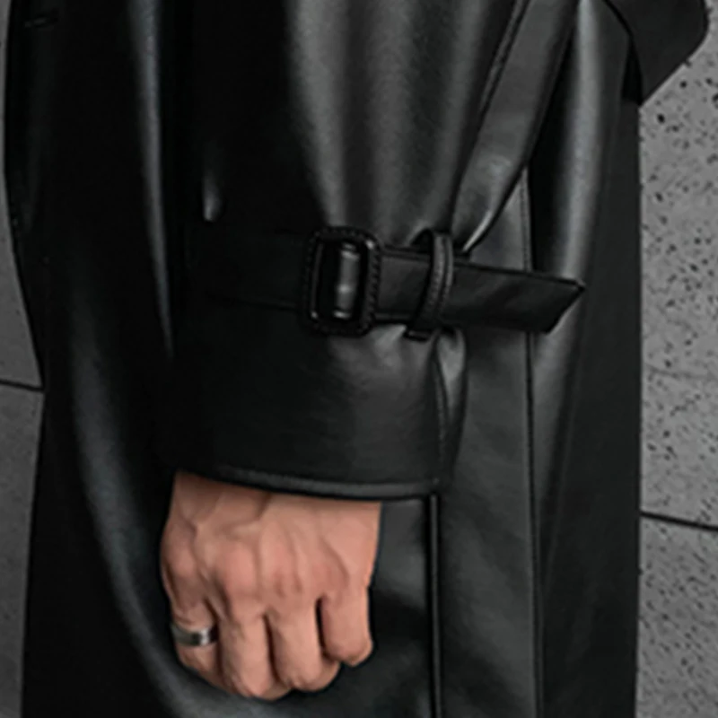 Mauroicardi Spring Autumn Long Black Oversized Faux Leather Trench Coat Men 2022 Drop Shoulder Belt Faux Leather Coats for Men