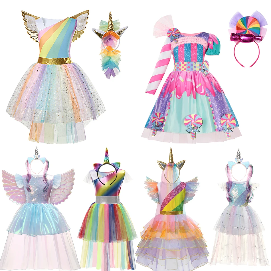 

Girl Rainbow Unicorn Dresses Tutu Princess Party Dresses Children Christmas Halloween Cosplay Costume With Headband Wings 4-10Y