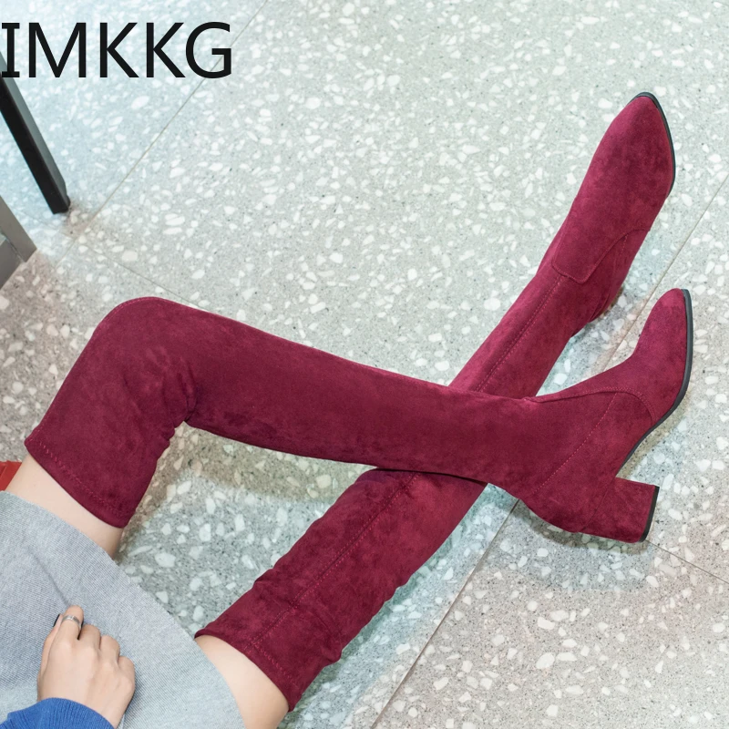 Women Over The Knee High Boots Hoof Heels Winter Shoes Pointed Toe Sexy Elastic Fabric Women Boots