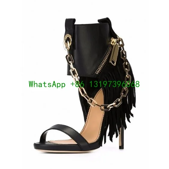 

Ladies Sexy Black Fringe Sandals Open Toe Metal Chain Stiletto High Heels Sandals Vintage Daily Wear Shoes Footwear Large Size