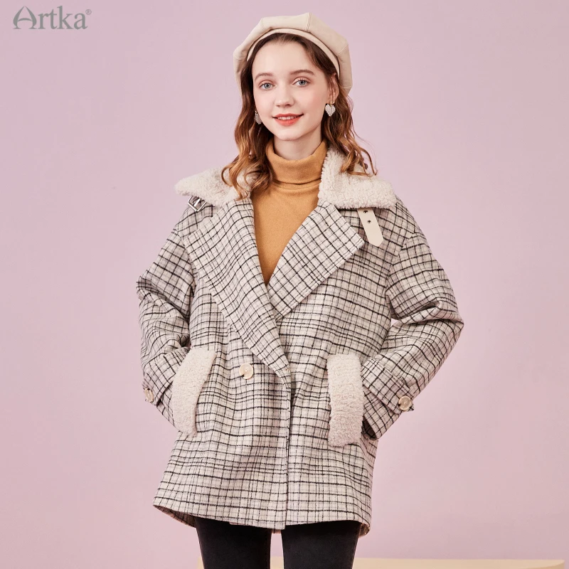 ARTKA 2020 Winter New Women Woolen Coat Vintage Plaid Lambswool Thicken Woolen Jacket Loose Warm Woolen Outerwear Women FA25107D