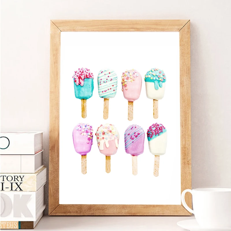 Акварельные принты фруктового льда, летние пастельные конфеты, Постер мороженого, десертный магазин, Настенная картина на холсте, детская комната, Декор Акварельные принты фруктового льда, летние пастельные конфеты, Постер мороженого, десертный магазин, Настенная картина на холсте, детская комната, Декор