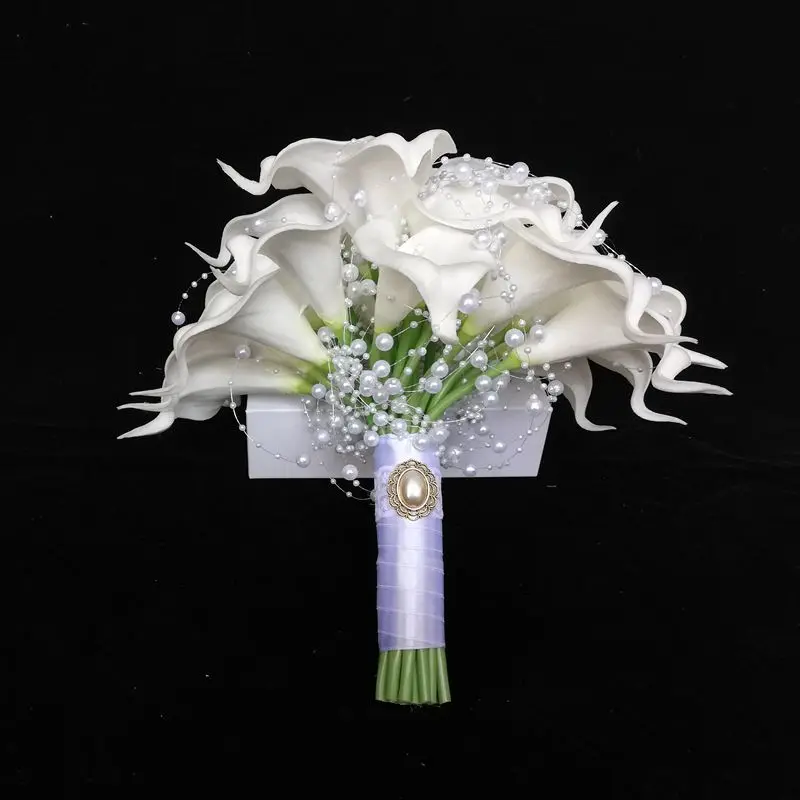 Round Bridal Bouquet White Calla Lily with Artificial Pearl Wedding Flowers Decoration Mariage