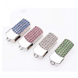 HOT Metal Crystal Stainless Steel Rotary Key Chain Pendrive USB Flash Drive 64GB 8GB 16GB 32G Memory Stick Disk Pen Drives Gift