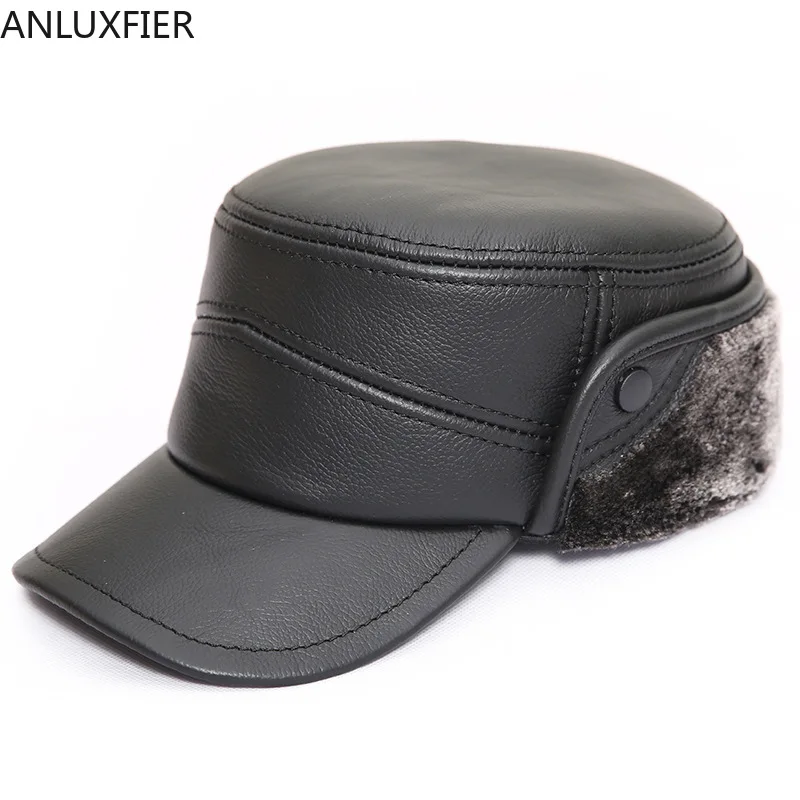 

H7005 Men Leather Hat Warm Ears Protection Fall Winter Fashion Flat Top Cap Male Outdoor Cowhide Hats 2 Color