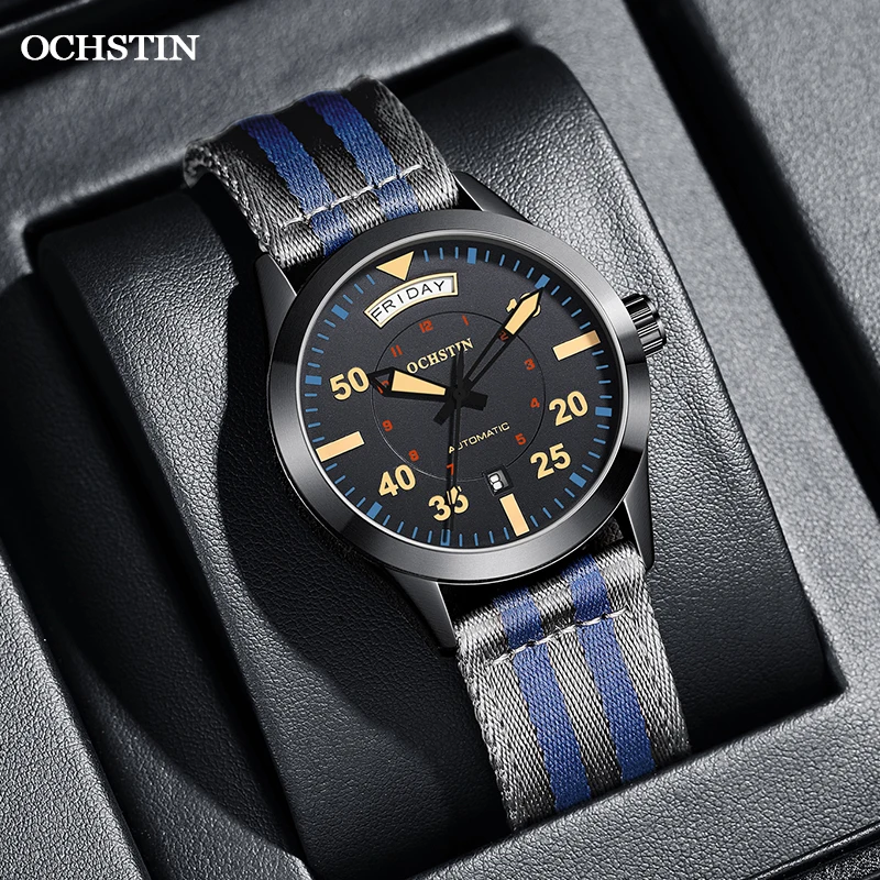 OCHSTIN New Top Brand Automatic Mechanical Watches for Men Military Nylon Strap Pilot Watch Male Auto Date Day Relogio Masculino