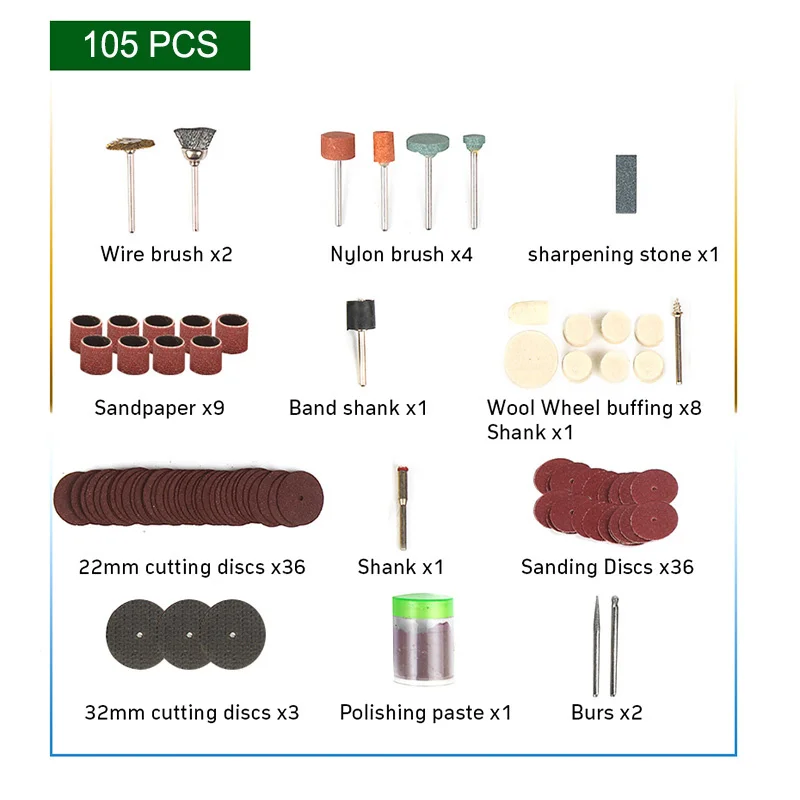 Juego de herramientas rotativas para taladro eléctrico Dremel, accesorios abrasivos para grabado de Metal y madera, pulido y tallado, 105 Uds.