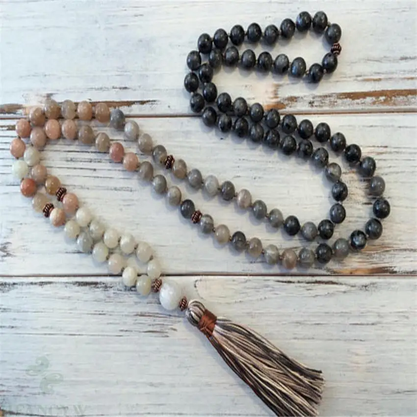 6mm spectrolite Gemstone 108 Beads Tassels Mala Necklace Buddhism Wrist yoga energy Handmade pray chain Bless Lucky Wristband