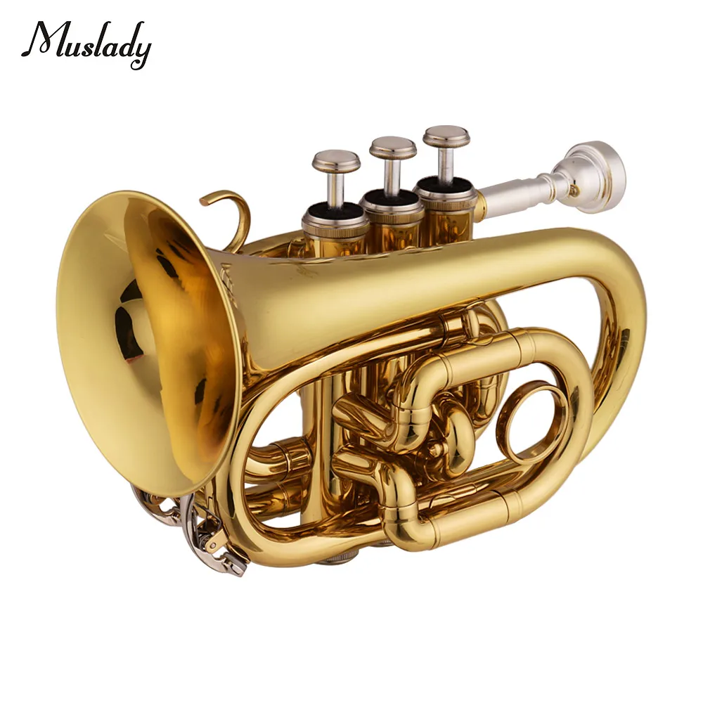 

Muslady Mini Pocket Trumpet Bb Flat Brass Material Wind Instrument with Mouthpiece Gloves Cleaning Cloth Carrying Case