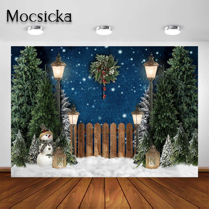 Mocsicka Christmas Backdrops for Photography Snow Pine Tree Street Lamp Cabin Christmas Children Photo Background Photoshoot