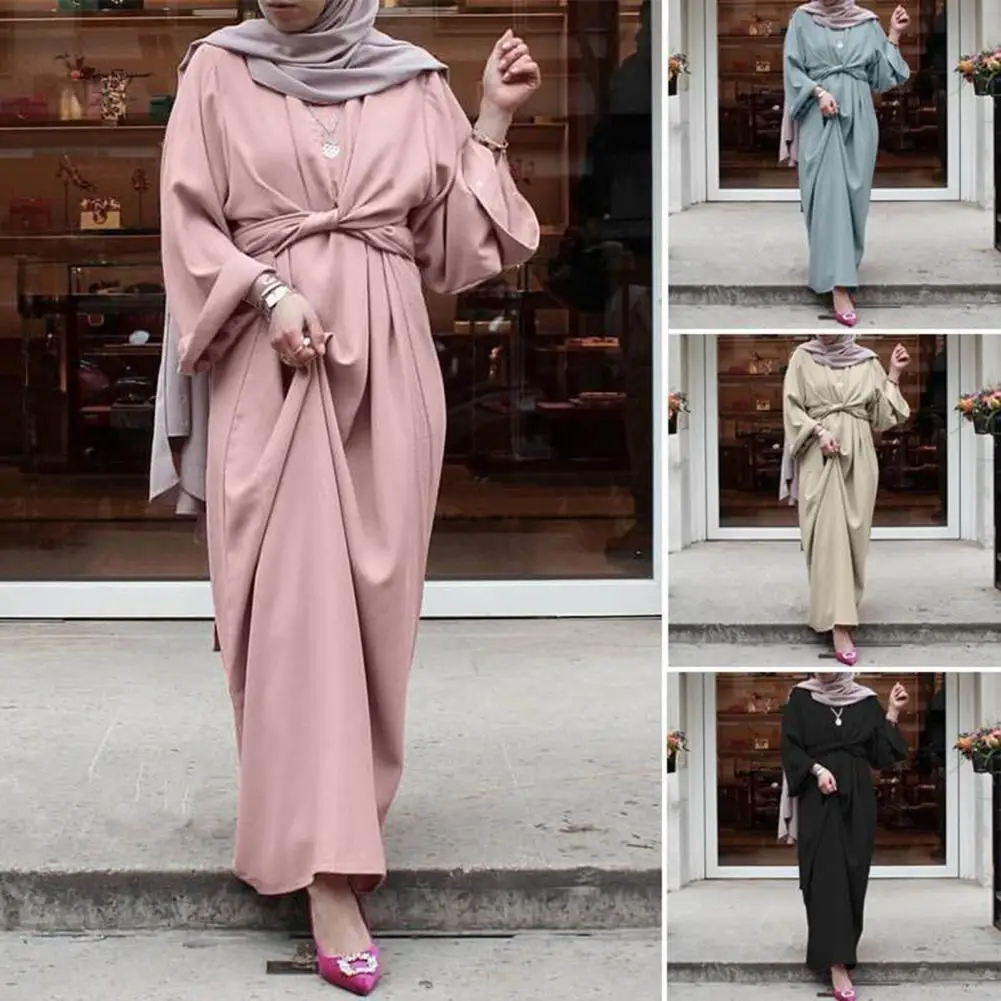 Summer Women Casual Style Maxi Dress Loose Abaya Nidha Long Sleeve Solid Color Dubai Turkey Modest Robe Kaftan Islam