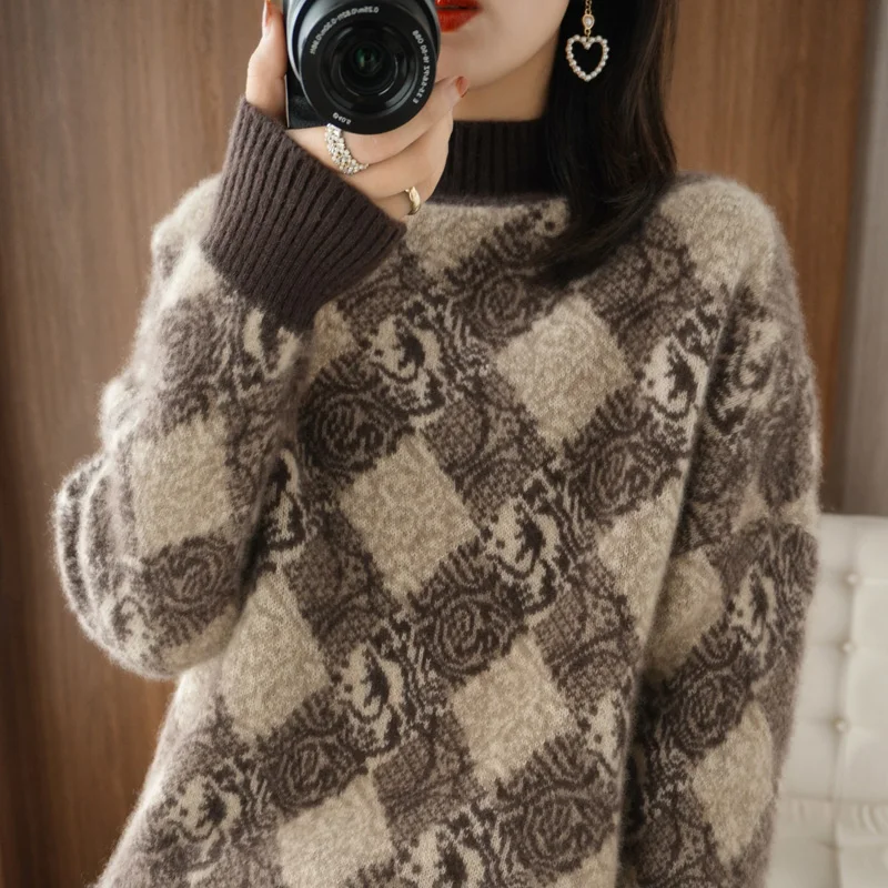 Autumn Winter 100% Cashmere Women Sweater Pullover Knit Half High Collar Splicing Large Size Wool Thick Keep Warm Fashion Top