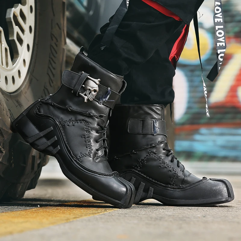 Punk boots Men\'s Vintage & Unique Look Genuine Leather Ankle Motorcycle Military Combat Boots with Skull