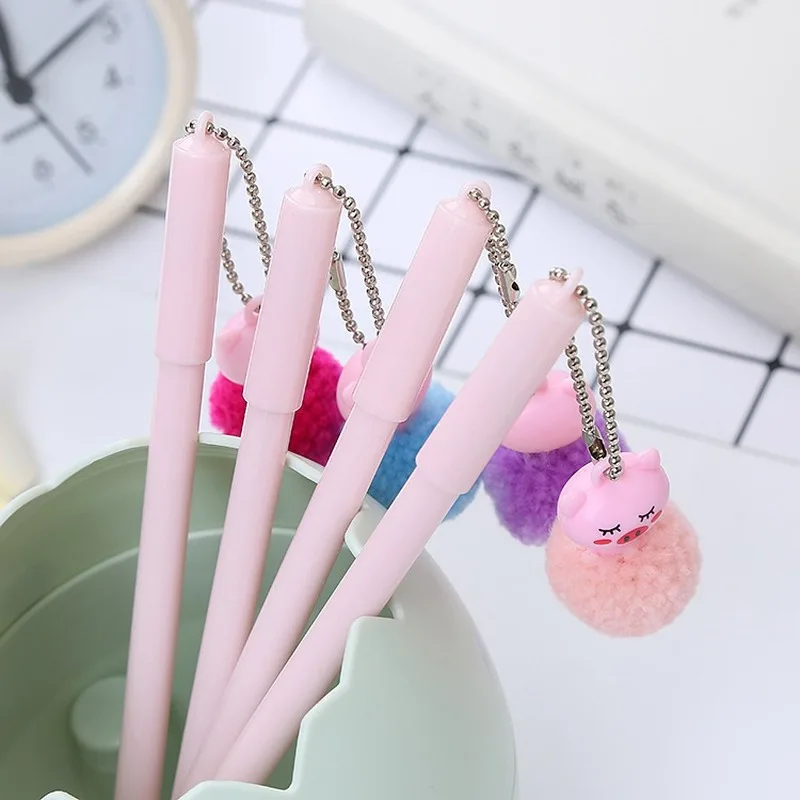 20 PCs Furry Ball Pink Pig Pendant Gel Pens Cute Student neutral Pen Cartoon Office Stationery Black Signature Pen Wholesale