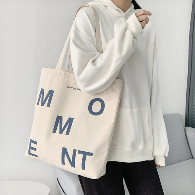 Women Canvas Shoulder Shopper Bag MOMENT Letter Printing Large Korean Cotton Cloth Ladies Handbag Eco Reusable Shopping Bag