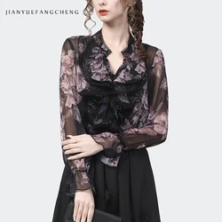 Camicetta floreale in Chiffon a maniche lunghe da donna elegante 2022 primavera nuove volant con scollo a v top camicie da donna Casual da ufficio Vintage allentate