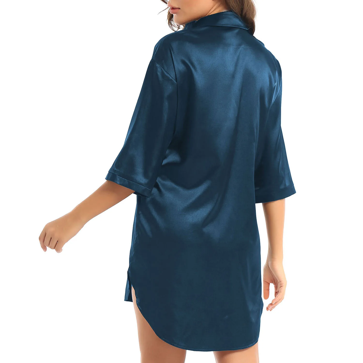 Womens Satin Nightgowns Silk Sleepshirt Button Down Sleep Dress Long Sleeve Boyfriend Notch Collar Sleepwear