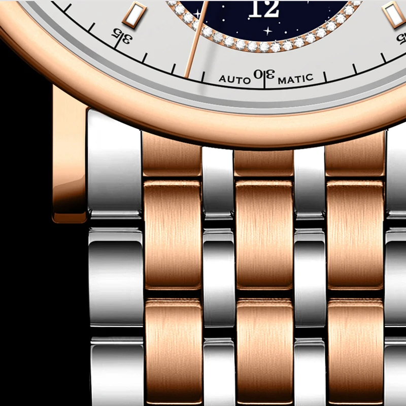 LOBINNI Moon Phase Seagull Movement Rose Gold Case Stainless Steel Strap Men Watch Luxury Automatic Self Wind Mechanical Watch