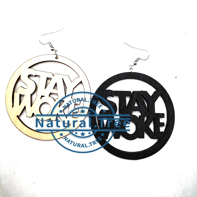 laser cut Stay woke wooden earrings