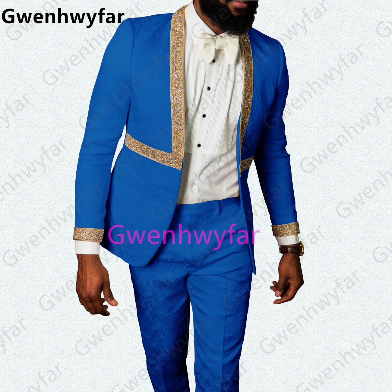 

Gwenhwyfar Royal Blue Jacquard Men Suit 2 Pieces Set Tailored Best Man Groom Wedding Tuxedo Slim Fit Jacket Pants Special Design