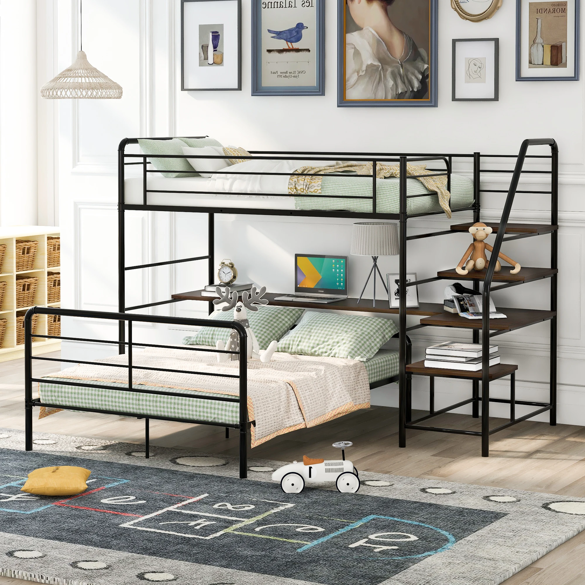 Twin Over Full Bunk Bed Include 1 Loft Bed Frame with Desk&Ladder + 1 Separate Platform Bed Black[US-W]