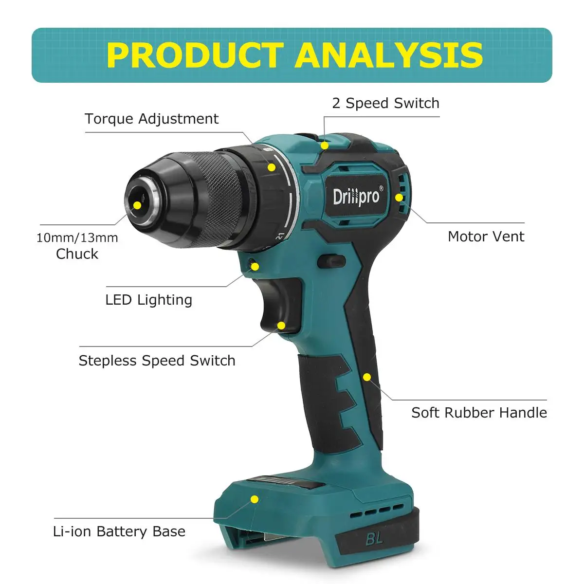 Drillpro-destornillador eléctrico sin escobillas, de 13mm Taladro de Martillo, 10mm, 21 + 1 Torque, taladro eléctrico inalámbrico para batería