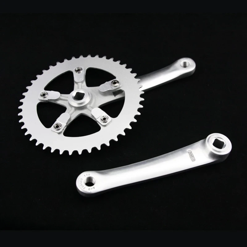 Single Speed Vintage Bike Crankset Fixed Gear Silver Road Bicycle Chainwheel Sprocket Wheel 170mm Crank 44T 6061 Aluminum Alloy