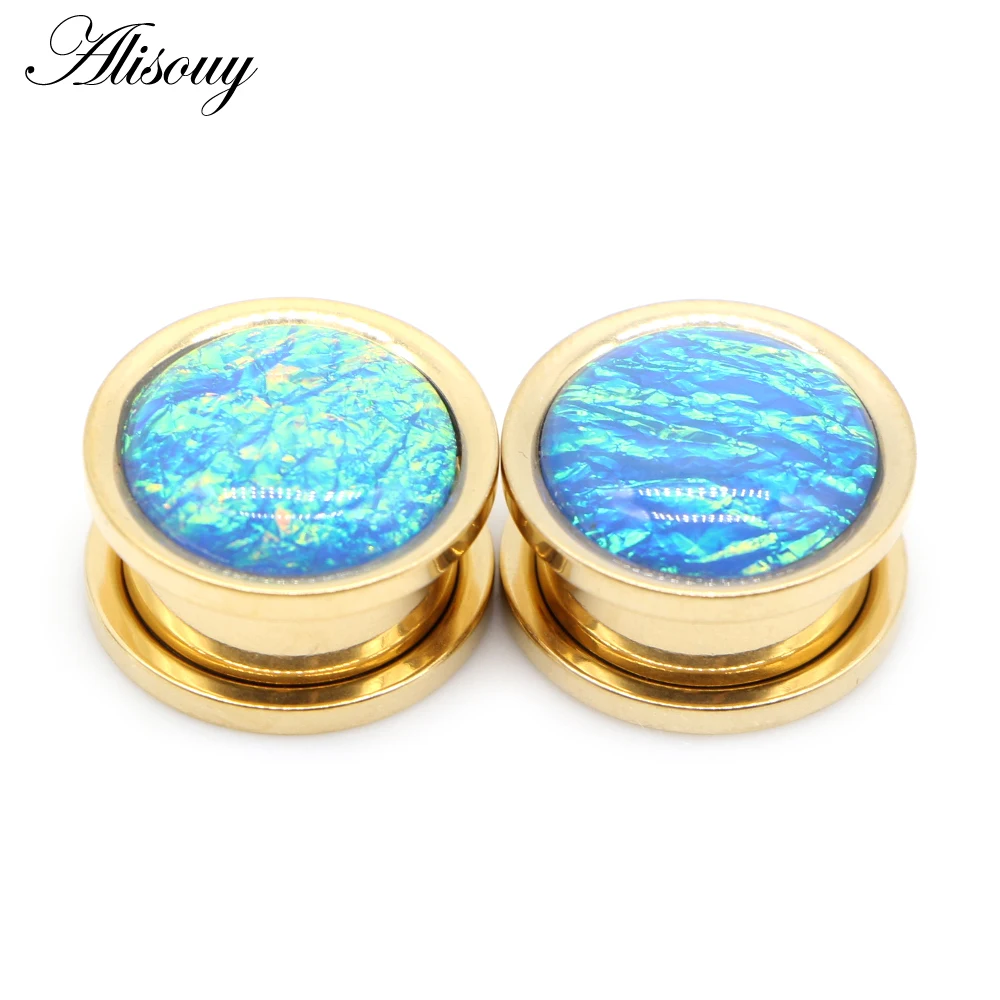 Alisouy 2pcs Stainless Steel Blue Opal Shell Earrings Ear Expanders plugs Stretchers Ear Tunnels Gauges Piercing Body Jewelry