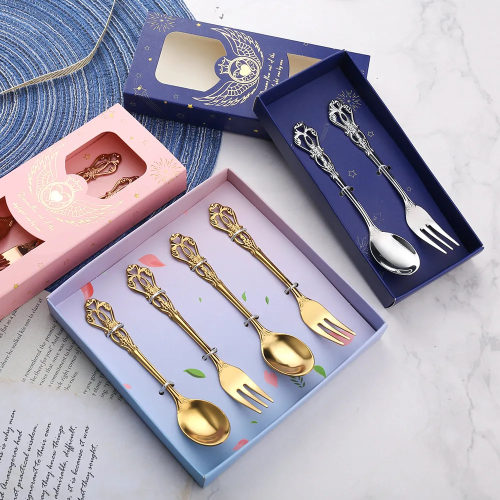 Stainless Steel Hollow Embossed Dessert Spoon and Fork European Style Stirring Coffee Golden Creative Ins Style Meal Couple Gift