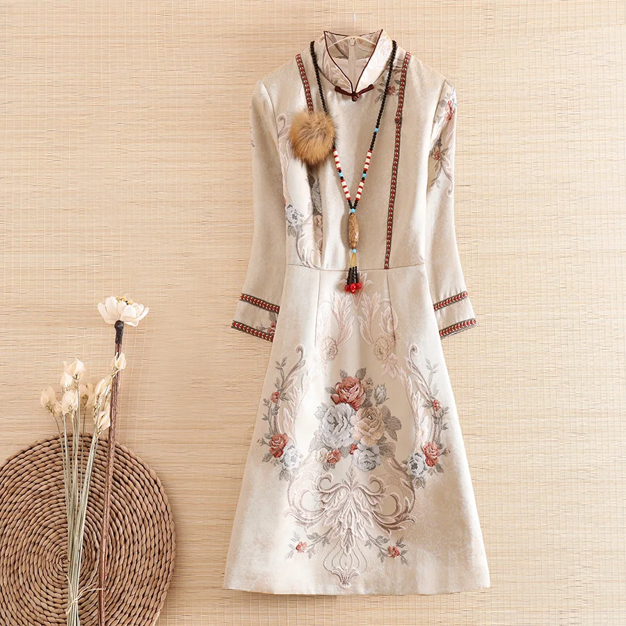 

High-end Autumn Women Vintage Royal Dress Cheongsam Ethnic Retro Elegant Jacquard Elegant Lady Party Qipao Dress S-XXL