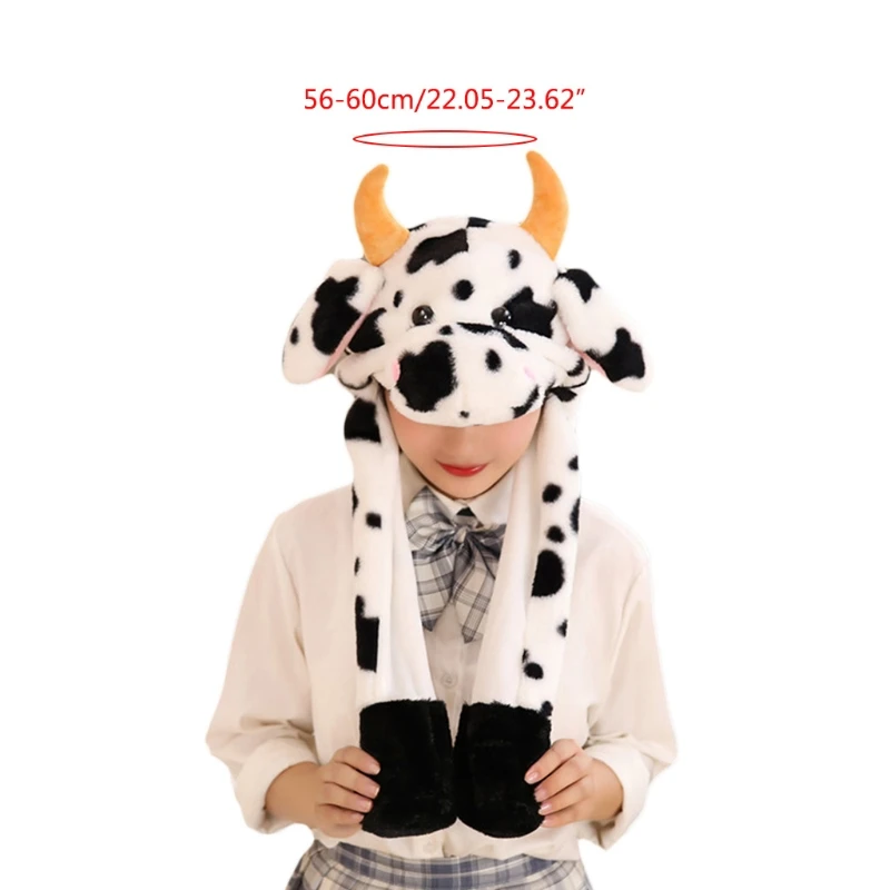 New Kids Cute Cow Animal Plush Hat with Moving Ears Fluffy Warm Earflap Cap Scarf