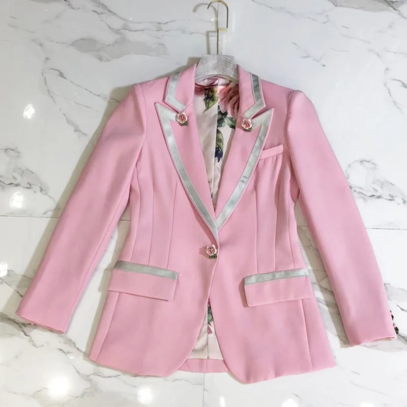 Flower Printing 2021 Fashion Woman Casual Suit Jacket New Star Style Rose Lining Pink One-Button Slim Suit Top