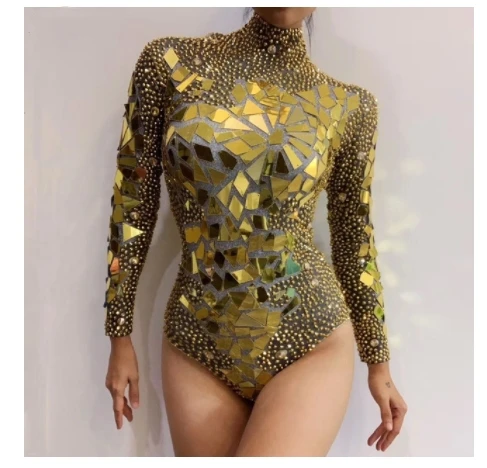 

Sexy Bar Nightclub Women Stage Wear Gold Silver Mirror Rhinestones Bodysuit DJ Singer Dancer Jazz Dance Costume Crystal Bodysuit