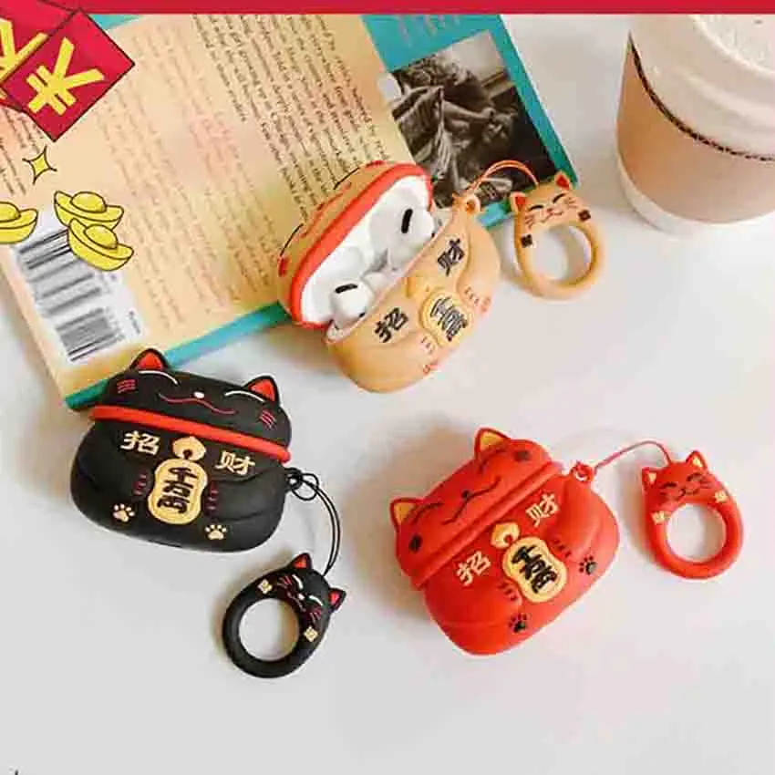 1PC Lucky Cat Headphone Case For AirPods Pro Case With Ring Lanyard Bluetooth-compatible Headset Earphone Cases Protective Cover