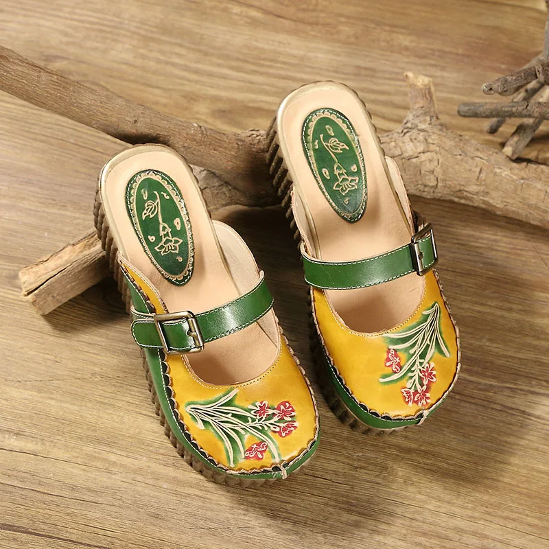 GKTINOO 2024 Wedge Slides Shoes Women Cover Toes Buckle Flower Cut Out Summer Female Genuine Leather Platform Slippers