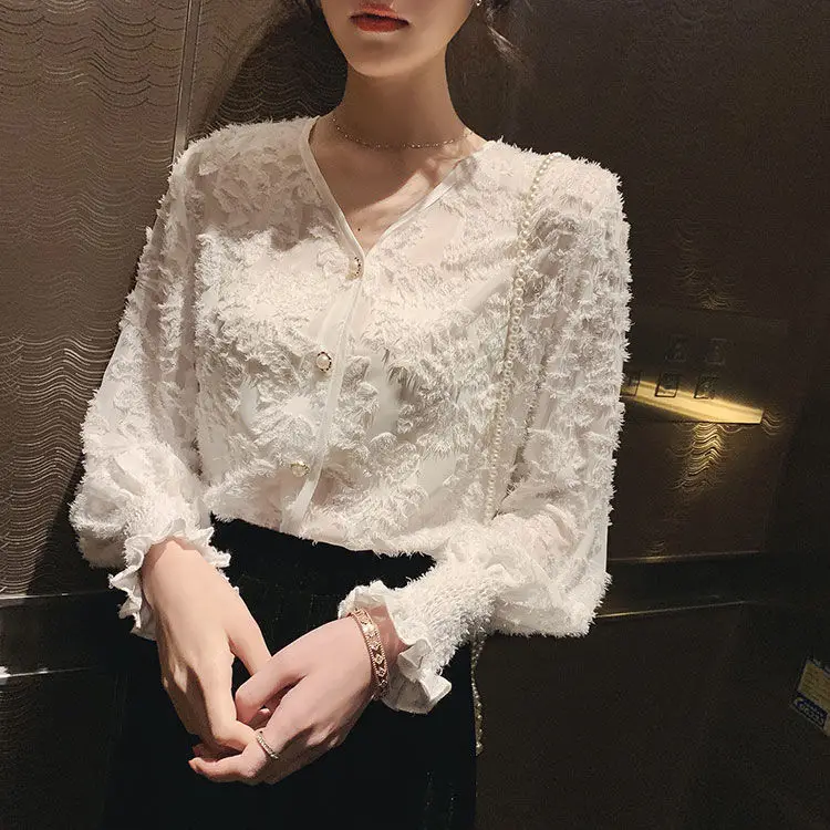 With Wrapped Chest 2024 Tassel Feather Shirt Chiffon Sleeve V-neck Blusas Ropa De Mujer