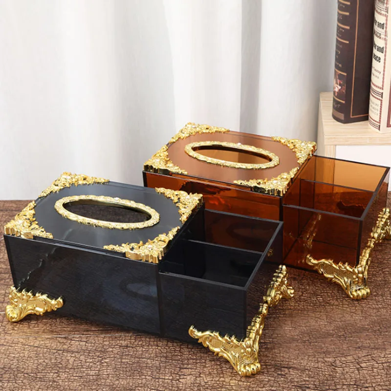 Exquisite hollow metal four-legged base transparent tissue box European-style household car pumping paper box