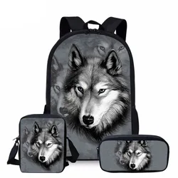 3pcs/Set School Backpack for Kids Boys Girls Gray Wolf 3d Printing Children Orthopedics Rucksack Bookbag Pencil Mochila Escolar