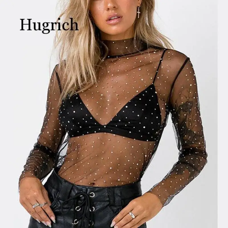 

Feminina Women Mesh Top Sexy Sheer t Shirt Transparent Tops Turtleneck See Through Clothes Summer Female Costume New 2021