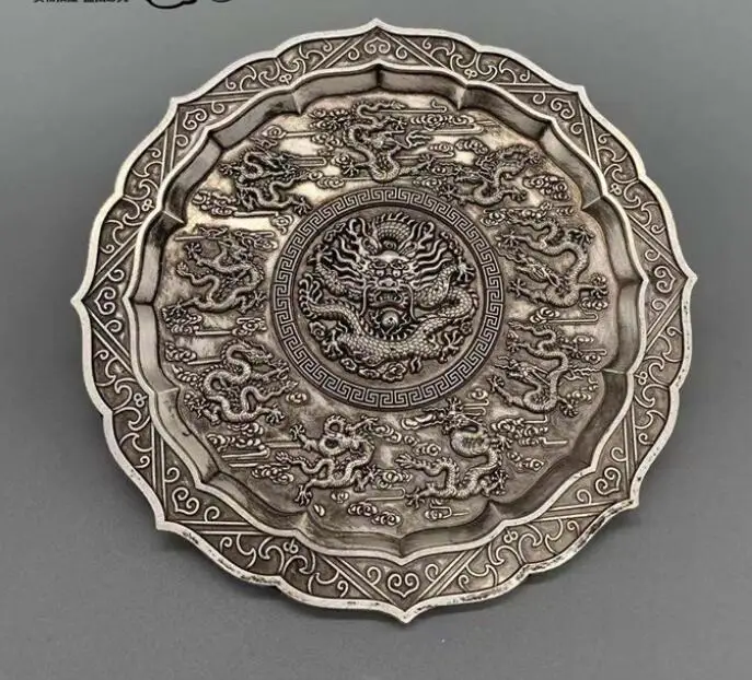 White copper plating Silver gift shopping Jiulong plate home antique accessories dollar double dragon eight trigrams Home furnis