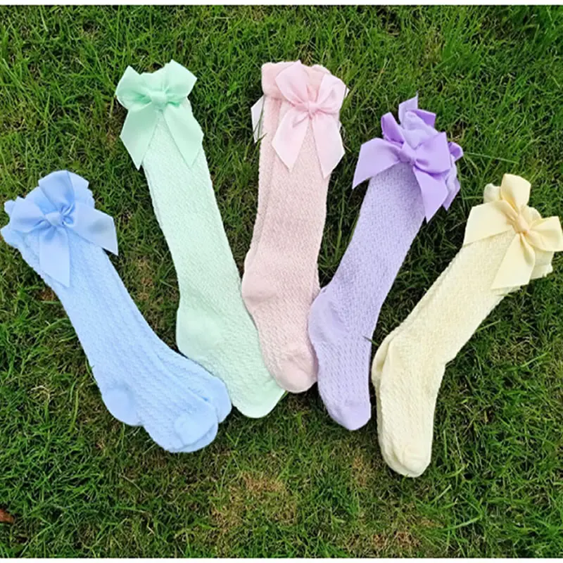 

Kids Girls Socks Mesh Bow Baby's Socks Knee High Summer Thin Anti-Mosquito Socks Bubble Mouth Vertical Striped Mesh Socks