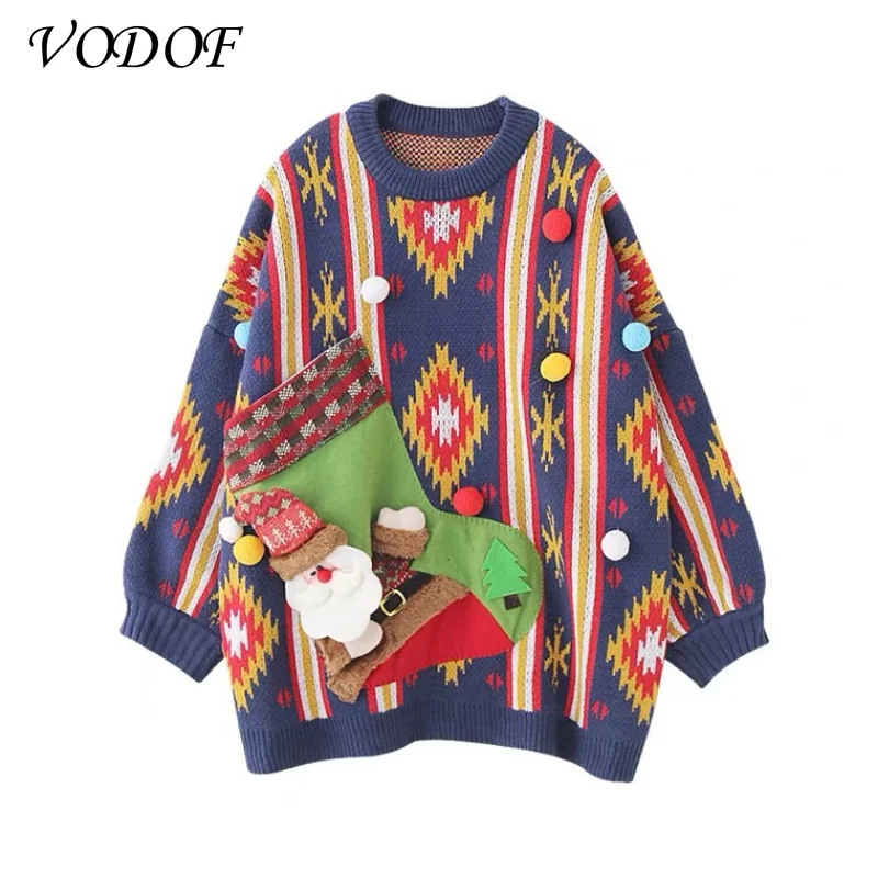 

Christmas Women Sweater Santa Claus Xmas Printing Long Sleeve O-neck Christmas Knitting Pullover Sweater Top Jumper Knitwear