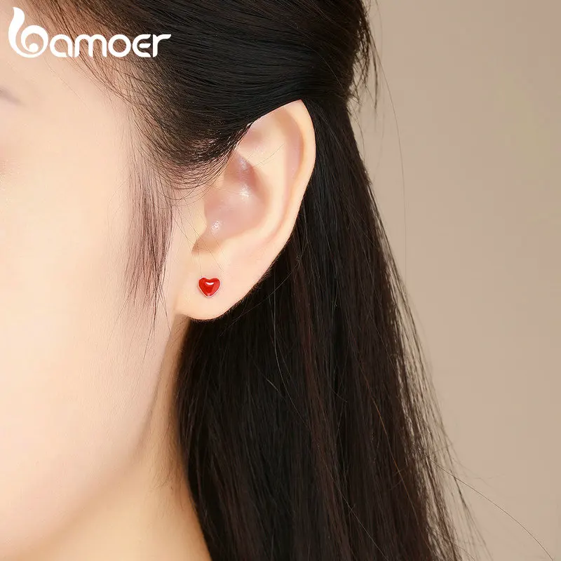 Bamoer Genuine 925 Sterling Silver Red Heart Shape Ear Studs for Women Gift Simple Summer All-Match Party Jewelry Bijoux VSE147