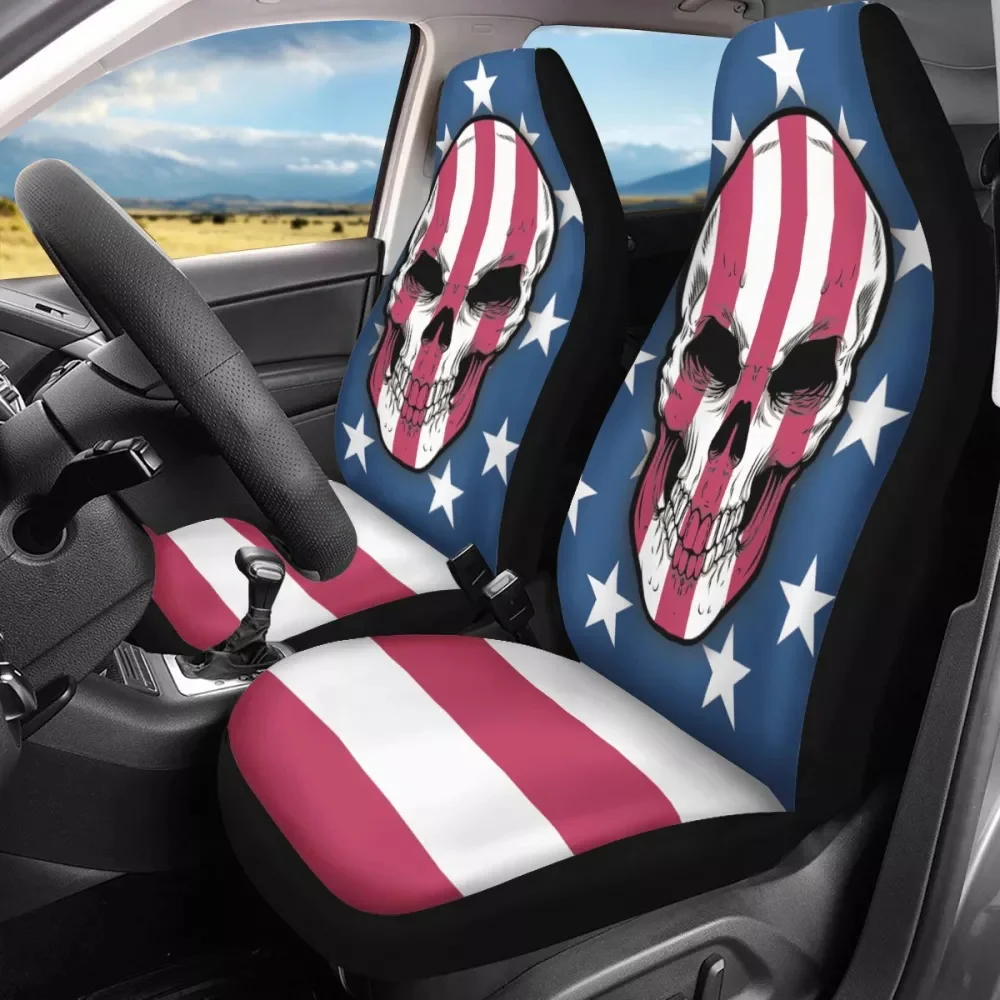 Fashion US Flag Owl Skull Print Car Seat Covers for Men Women 2 Pack Slip-Resistant Universal Car Front Seat Covers Protector