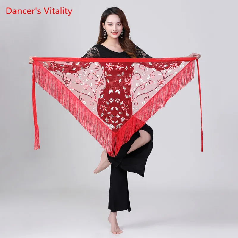 Belly Dance Hip Scarf Mesh Sequins Triangle Skirt Practice Clothes Female Adult Elegant Tassel Belt Performance Clothing