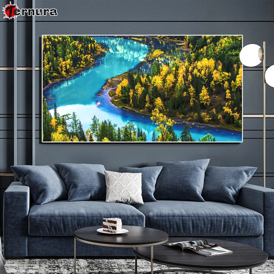 

diy artwork Natural scenery diamond painting Trees river Home Decor Cross stitch Diamond Embroidery Mosaic large Autumn scenery