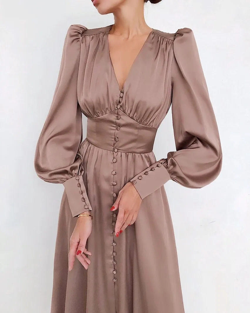 Fashion Brown Tea Length Evening Dress 2021 Long Sleeves Buttons Formal Dubai Arabic Prom Party Gown Abiye Vestidos De Noiva