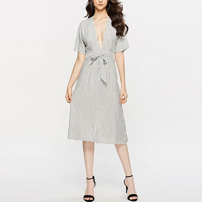 

Deep V Women's Sexy Striped Backless Slim Waist Dress Lace Up Female A-line Short Sleeves Buttons Dresses Nice Beach Vestidos