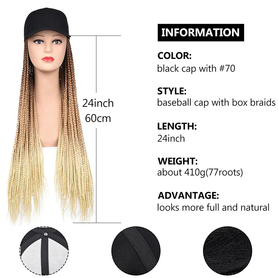 TOMO Long Synthetic Braiding Hair Baseball Cap Hat Wig Adjustable Hat with Ombre Brown Blode Box Braids for Black White Women